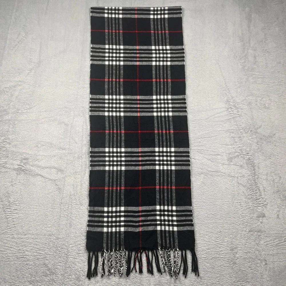 Cashmere Blend Italian Design Plaid Scarf Black Red White Fringe Winter Wrap